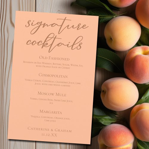 Chic Peach Summer Wedding Signature Cocktails Menu