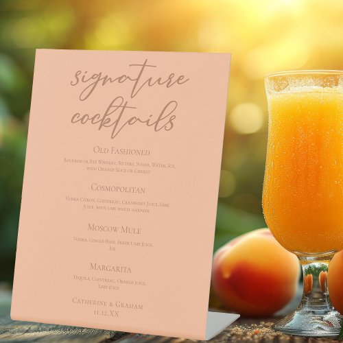 Chic Peach Summer Wedding Signature Cocktails Menu Pedestal Sign