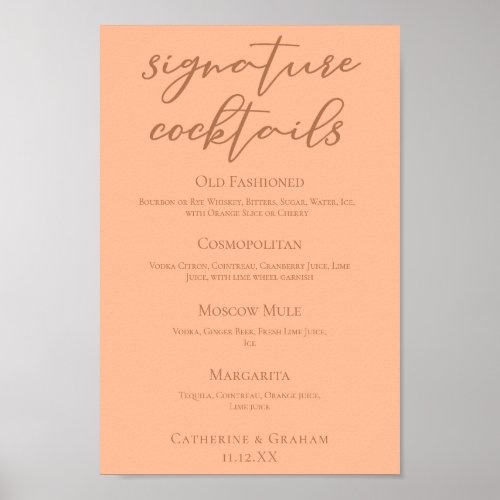 Chic Peach Summer Wedding Signature Cocktails Menu Poster