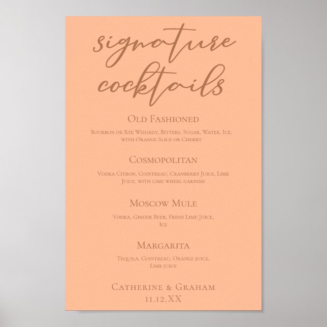 Chic Peach Summer Wedding Signature Cocktails Menu Poster (Front)