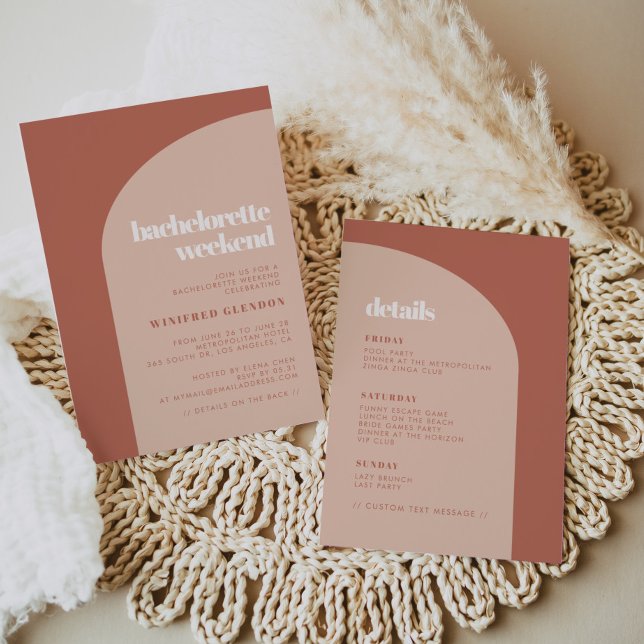 Chic peach terracotta arch bachelorette weekend invitation (Creator Uploaded)