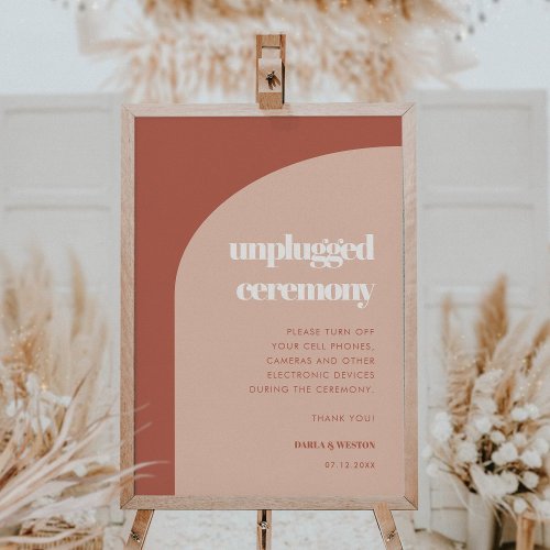 Chic peach terracotta arch Unplugged ceremony sign