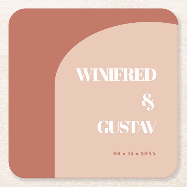 Chic peach terracotta arch wedding square paper coaster (Front)
