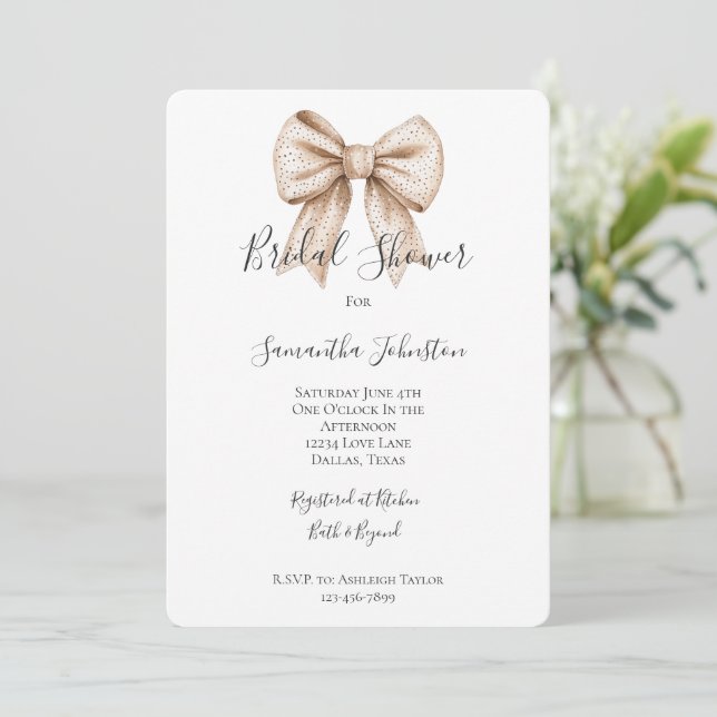 Chic Peach White Bow Bridal Shower Invitation (Standing Front)