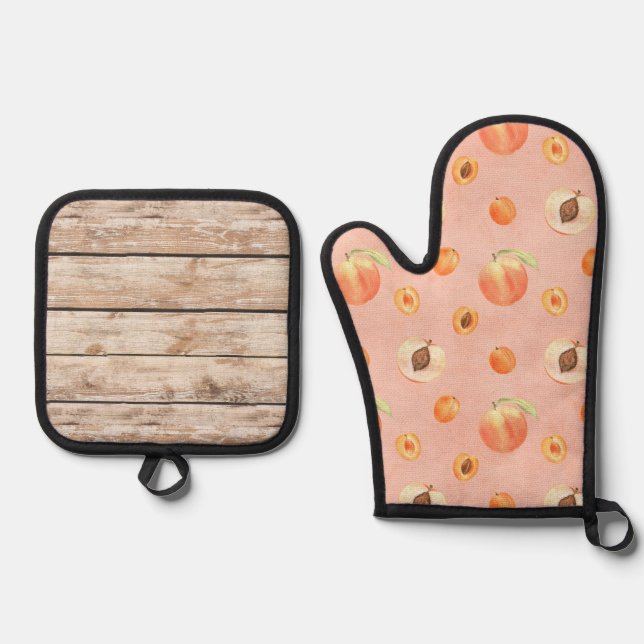 Chic Peach Wood Pattern  Oven Mitt & Pot Holder Set (Front)