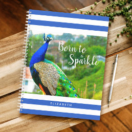 Chic Peacock Blue White Stripes Born to Sparkle Notebook