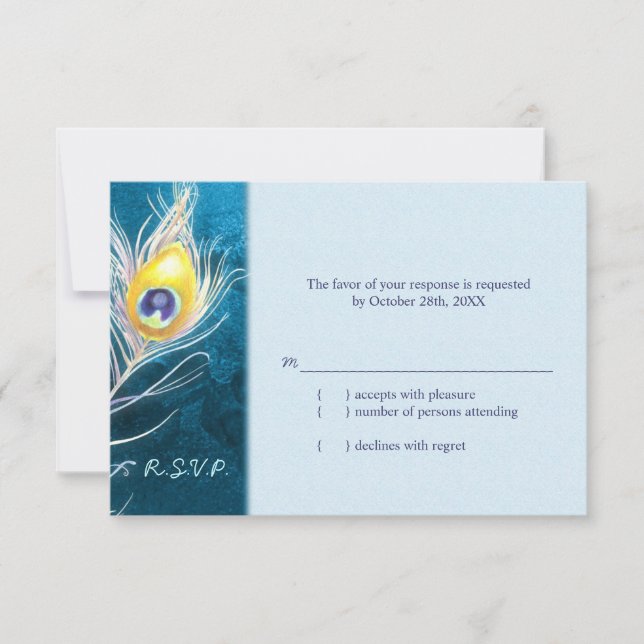Chic Peacock Feather Blue Wedding RSVP Card (Front)