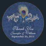 Chic Peacock Feather Wedding Favor Sticker<br><div class="desc">Elegant wedding favor stickers,  done in a blue on blue damask pattern,  with a silver tone flourish decorated with a peacock feather and blue bow.  Personalize the light gray text for your special day. Great on your wedding favors.  Matching products available.</div>