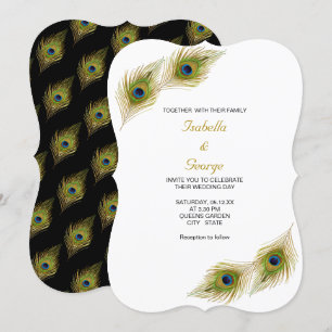 Chic Peacock Feathers on Black & White Wedding Invitation