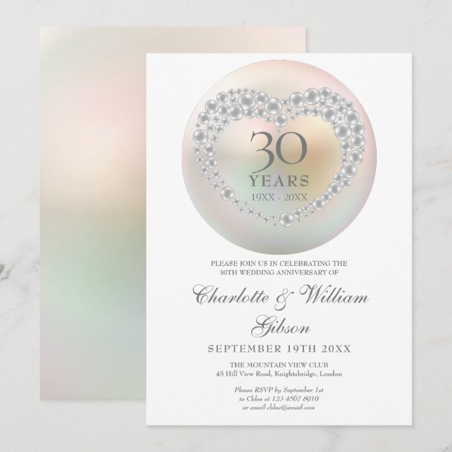 Chic Pearl Heart 30th Wedding Anniversary Invitation (Front/Back)