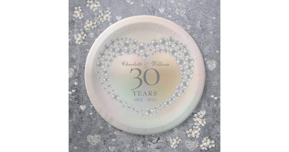 Chic Pearl Heart 30th Wedding Anniversary Paper Plates | Zazzle