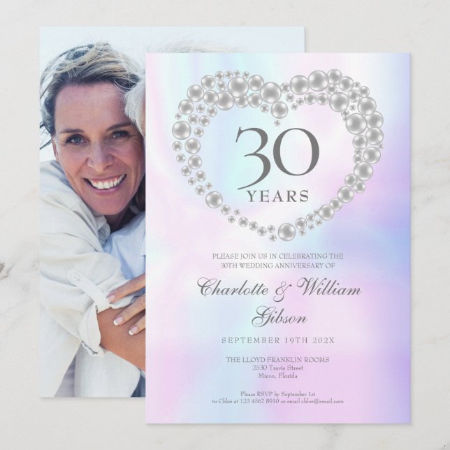 Chic Pearl Heart Photo 30th Anniversary Invitation (Front/Back)