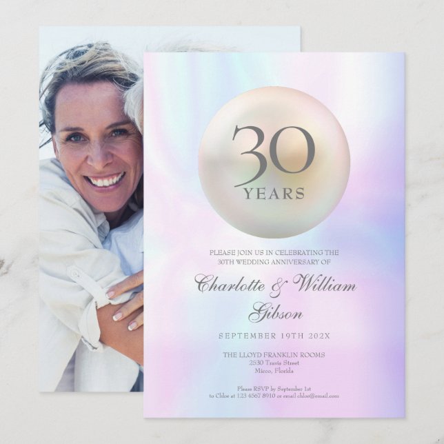 Chic Pearl Photo 30th Wedding Anniversary Invitation (Front/Back)