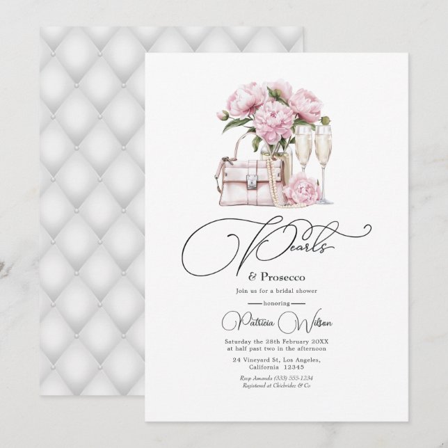 Chic Pearls and Prosecco Pink Floral Bridal Shower Invitation (Front/Back)