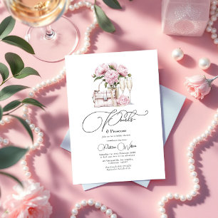 Chic Pearls and Prosecco Pink Floral Bridal Shower Invitation
