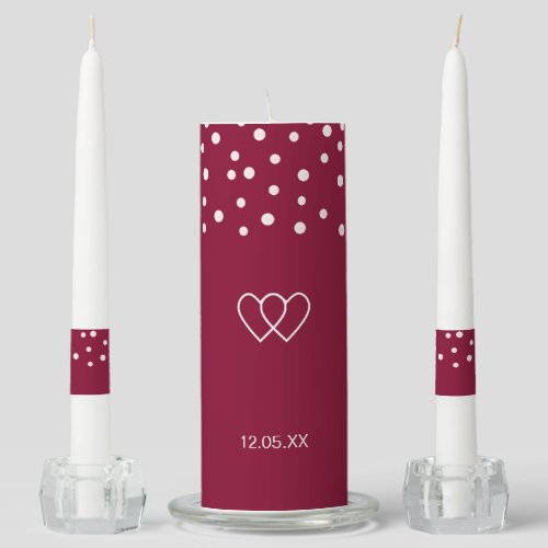 Chic pearls and two hearts on burgundy wedding unity candle set