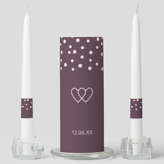Chic pearls and two hearts on cassis wedding unity candle set (Front)