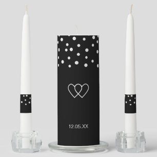 Chic pearls & two hearts on black & white wedding unity candle set