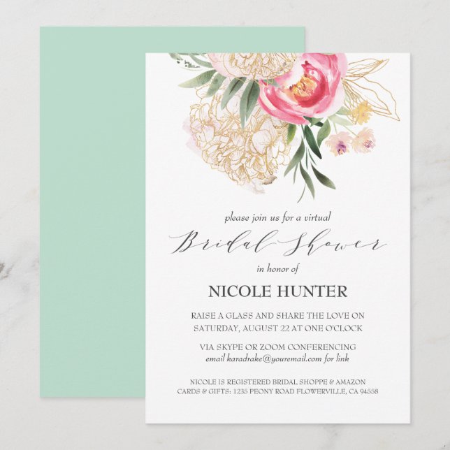 Chic Peonies gold Flowers VIRTUAL Bridal Shower Invitation (Front/Back)