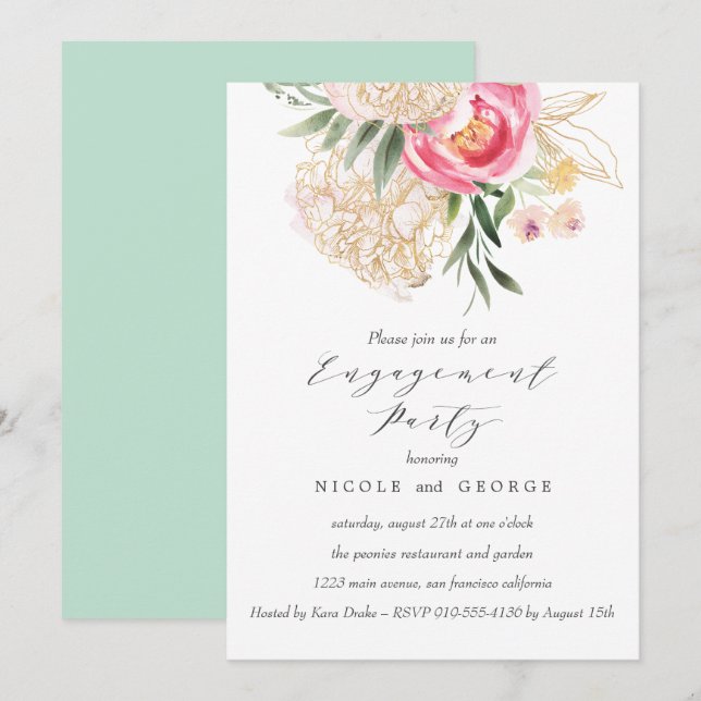 Chic Peonies gold Flowers Wedding Engagement Party Invitation (Front/Back)