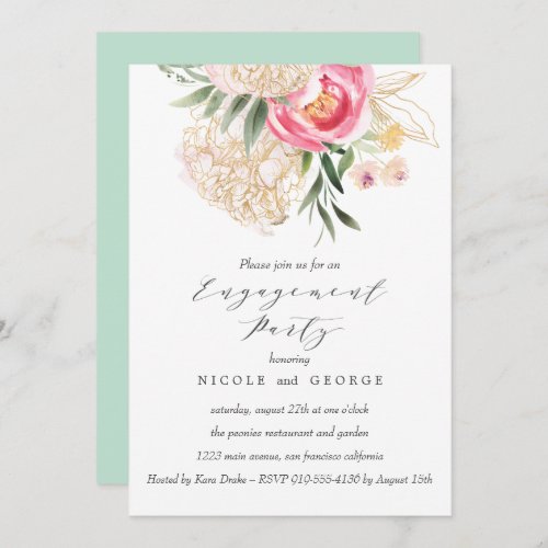 Chic Peonies gold Flowers Wedding Engagement Party Invitation