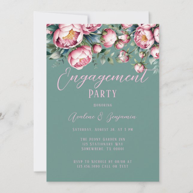 Chic Peony Bouquet In Watercolor Engagement Party Invitation (Front)
