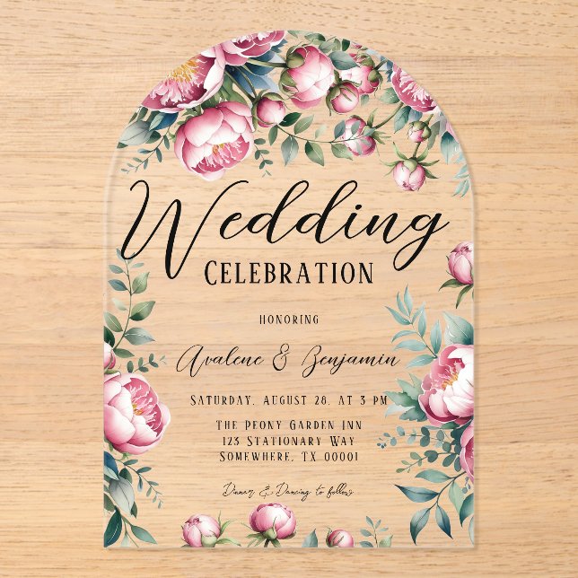 Chic Peony Bouquet In Watercolor Wedding Acrylic Invitations (Front)