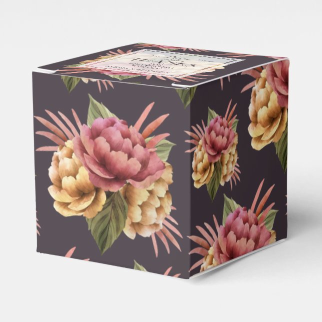 Chic Peony Flowers on Purple Brown Favor Box (Front Side)