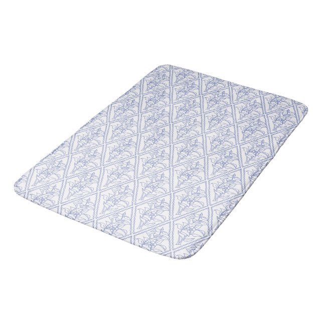 Chic Periwinkle Blue White Floral Diamond Pattern Bathroom Mat (Angled)