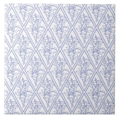 Chic Periwinkle Blue White Floral Diamond Pattern Ceramic Tile