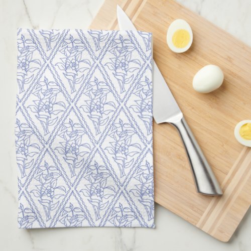 Chic Periwinkle Blue White Floral Diamond Pattern Kitchen Towel