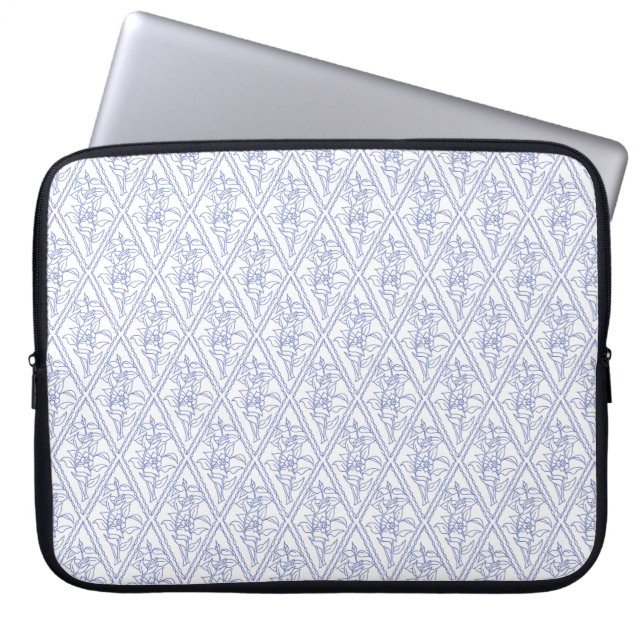 Chic Periwinkle Blue White Floral Diamond Pattern Laptop Sleeve (Front)