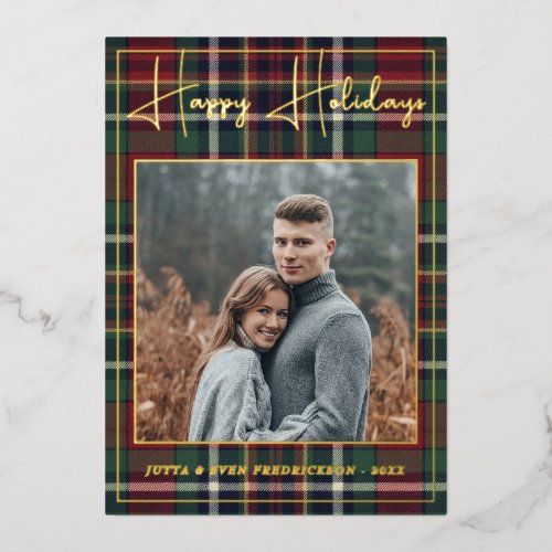 Chic Personalized Classic Plaid Pattern Gold Foil Holiday Card