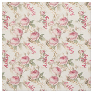 Chic Personalized Coral Rose Print with Name Fabric