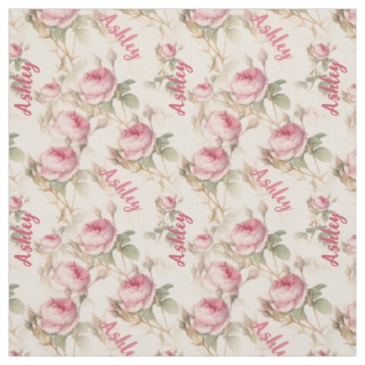 Chic Personalized Coral Rose Print with Name Fabric