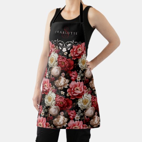 Chic Personalized Dark Peony Floral_Black Label Apron