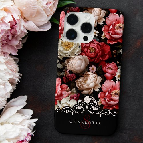 Chic Personalized Dark Peony Floral_Black Label iPhone 15 Pro Max Case