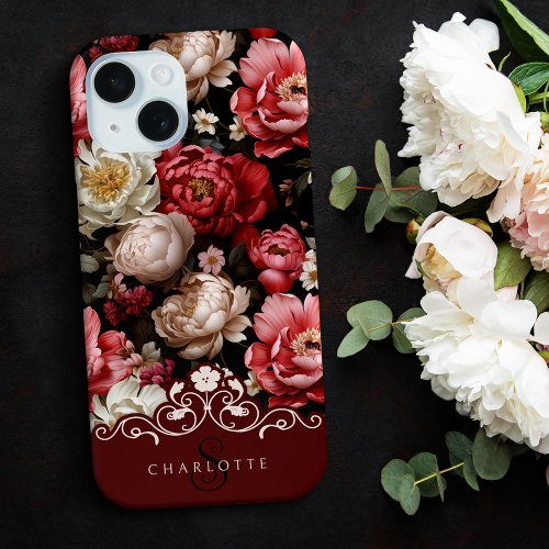 Chic Personalized Dark Peony Floral_Burgandy Label iPhone 15 Case