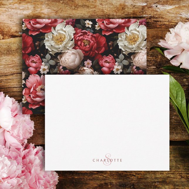 Chic Personalized Dark Peony Floral Note Card (Creator Uploaded)