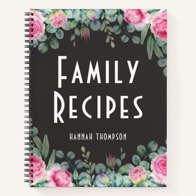 Chic Personalized Family Recipe Modern Pink Floral Notebook (Front)