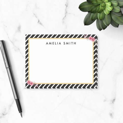 Chic Personalized Name Black Stripes Pink Flowers Post_it Notes