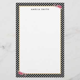 Chic Personalized Name Black Stripes Pink Flowers Stationery