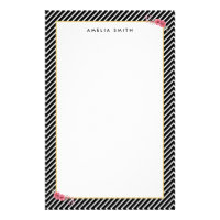 Chic Personalized Name Black Stripes Pink Flowers Stationery