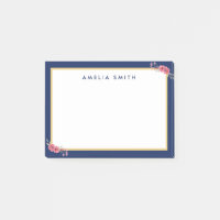 Chic Personalized Name Blue Border Pink Flowers Post-it Notes