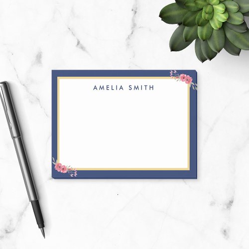 Chic Personalized Name Blue Border Pink Flowers Post_it Notes