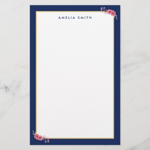 Chic Personalized Name Blue Border Pink Flowers Stationery
