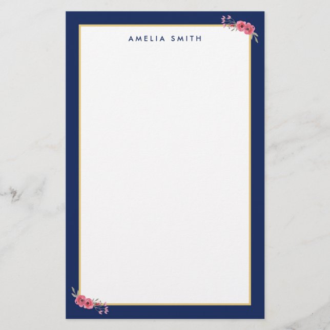 Chic Personalized Name Blue Border Pink Flowers Stationery (Front)