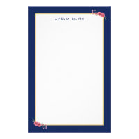 Chic Personalized Name Blue Border Pink Flowers Stationery