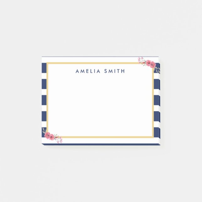 Chic Personalized Name Blue Stripes Pink Flowers Post-it Notes (Front)