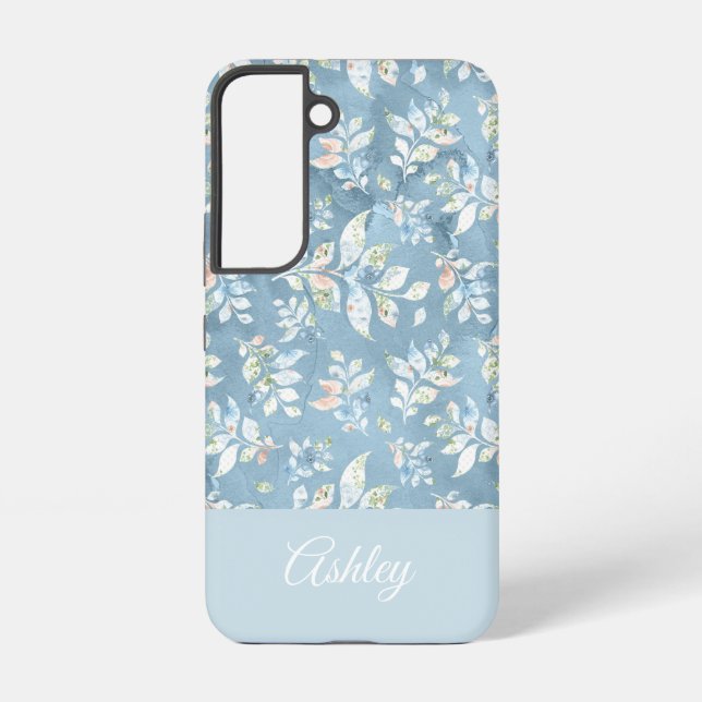 Chic Personalized Name/ Pastel Blue Leaf Motif  Samsung Galaxy Case (Back)